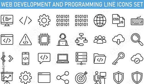 Web development and programming line icons set, coding symbols, software engineering, cloud computing, cybersecurity protection vector illustration collection