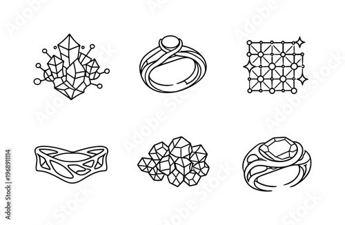 Line style icons of generative precious forms: evolved crystal node, adaptive ring shank, seeded sparkle grid, optimized metal