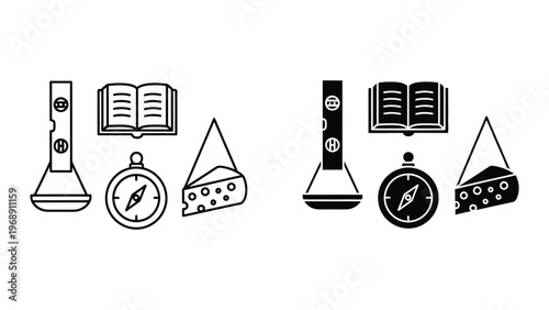 Contrasting icons of knowledge, exploration, and sustenance with light and dark themes