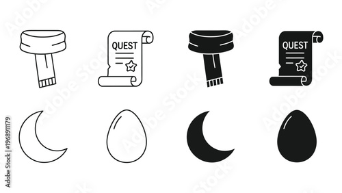Contrasting visuals of magical items and lunar phases in black and white styles