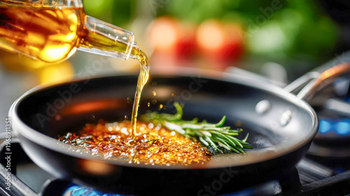 Olive oil being poured into a frying pan with rosemary for cooking