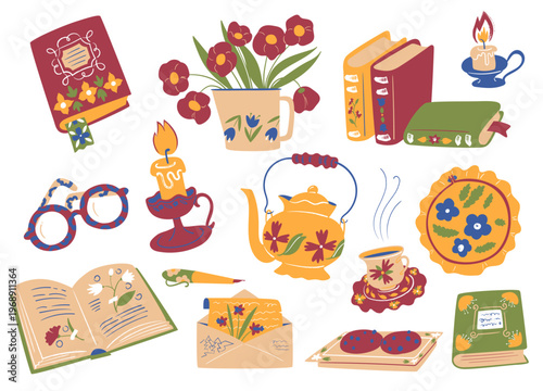 Vintage Tea Set And Books Doodle