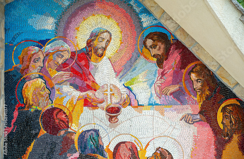 Mosaic of the Last Supper, the Fifth Luminous Mystery of the Rosary – Sanctuary of the Queen of Peace, Medjugorje, Bosnia and Herzegovina.