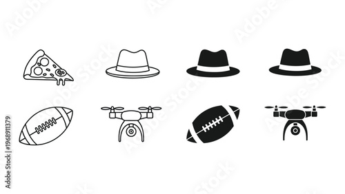 Playful icons combining food, fashion, sports, and technology in a whimsical style