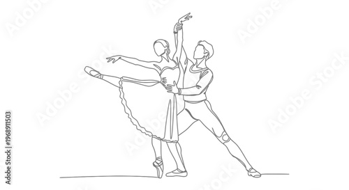 Ballet Dancers Performing Elegant Dance Isolated on White Continuous Line Art