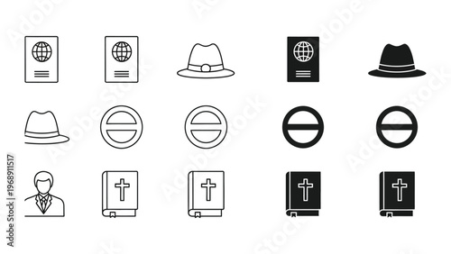 Collection of icons representing travel, religion, and identity symbols