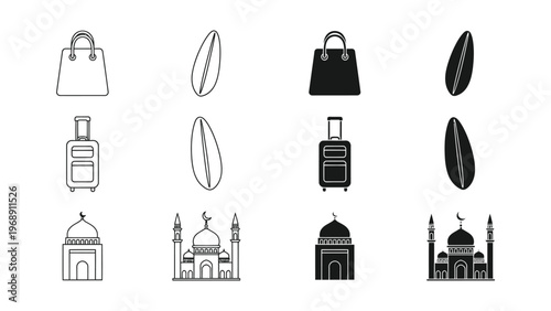 Contrasting design styles of handbags, luggage, and architectural icons in black and white