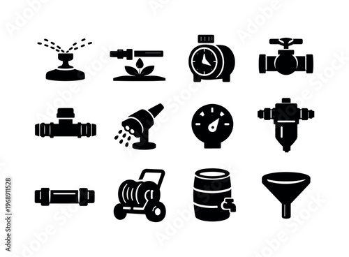 Irrigation Tools Icons. Solid vector icons of watering and irrigation tools: sprinkler, dripline, timer, valve, connector, nozzle,