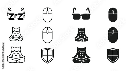 Whimsical icons combining cats, glasses, mice, and shields in contrasting styles