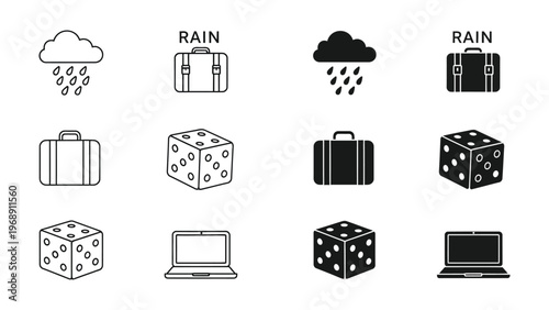 Weather and travel icons paired with luggage and tech items in a grid layout