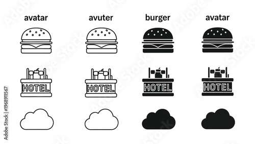 Visual comparison of burger icons paired with hotel and cloud variations