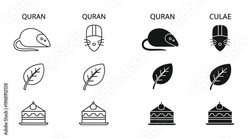 Comparative visual symbols of rodents, leaves, and cakes in different styles