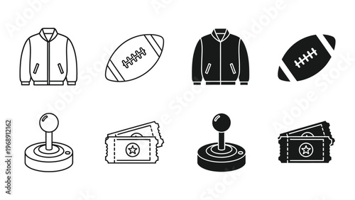 Contrasting visual icons of sports apparel, equipment, and game tickets