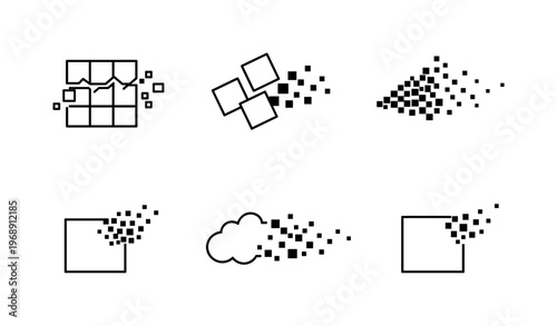 Line vector icons of pixel artifact dissolution (deconstructing pixel clusters): breaking micro-grid, dispersing tile trio,