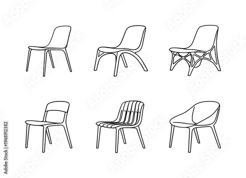Collection of six modern designer chairs in a minimalist line art style