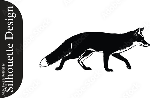 Silhouette illustration of a fox walking to the right, capturing the animal's distinctive bushy tail and pointed snout in profile