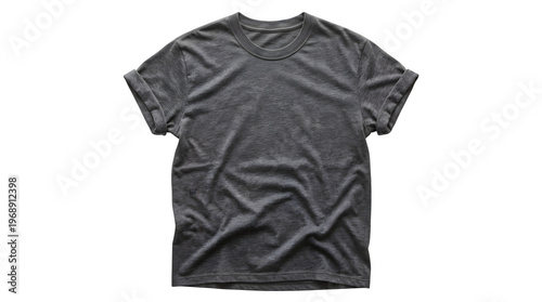 Wrinkled dark gray short sleeve t shirt on white background casual crumpled fashion clothing