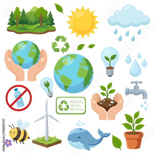 Eco-Friendly Sustainability and Environmental Protection Flat Vector Icons Set. Earth Day conception