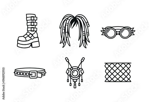 Line style vector icons of 2000s cybergoth subculture: platform-boot silhouette, neon-hair motif, cyber-goggles icon,