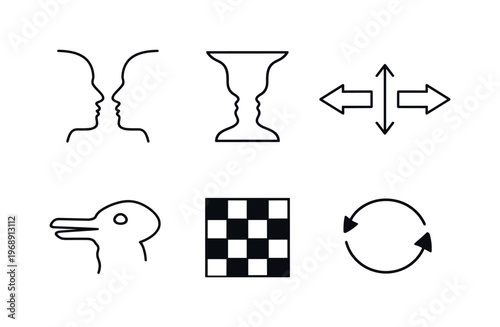 Line style vector icons of figure-ground perception illusion: face-profiles outline, vase-icon motif, perception-toggle arrows,