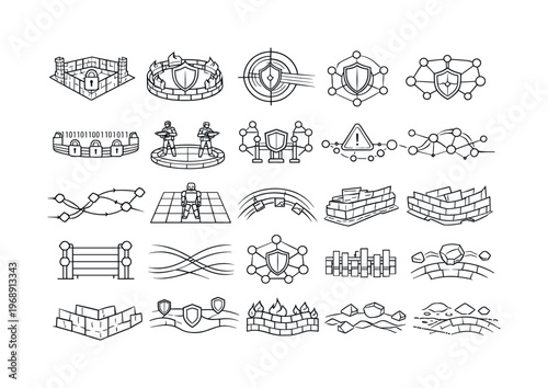 Collection of cybersecurity and network security icons in a doodle art style