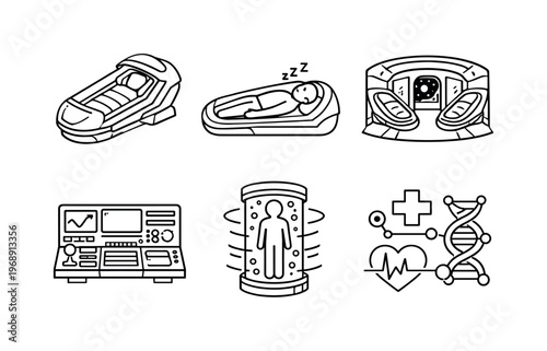 Interstellar Cryo Sleep Icons. Line style vector icons of interstellar cryogenic sleep: cryo-pod outline, sleeping-human motif,