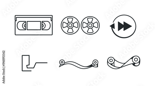 Line vector icons of self-rewinding VHS cassette (internal tape dynamics): cassette frame, motion reel pair, tensioned tape line,