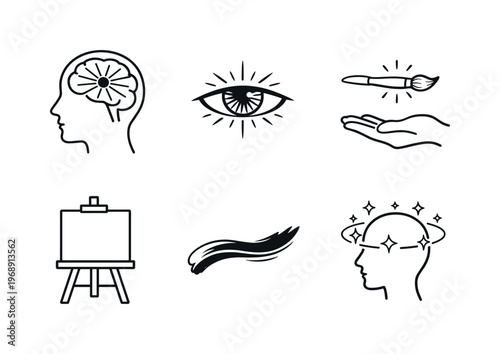 Line vector icons of artist painting by concentration (mind-guided strokes): head icon, narrowed focus point, brush levitation,