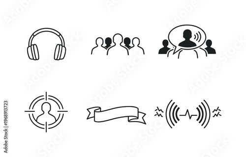 Targeted Listening Headphones. Line vector icons of headphones that isolate the voice of a needed person in a noisy crowd