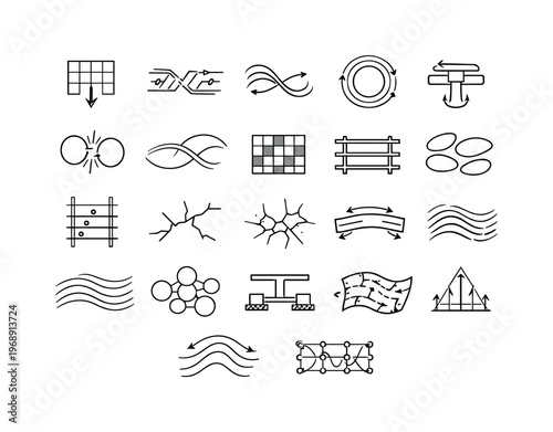 Line vector icons of simulated forces and materials: gravitational pull tiles, friction-line stems, drag-field arcs, inertia-flow