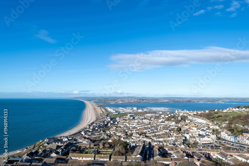 View from Portland heights of Fortuneswell looking towards Weymouth harbour in Dorset