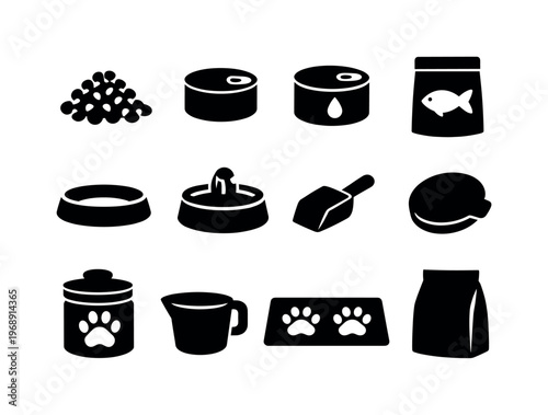Solid vector icons of cat food supplies: catkibble, patecan, gravycan, treatpouch, feedingdish, waterfountain, scoop, cancover,
