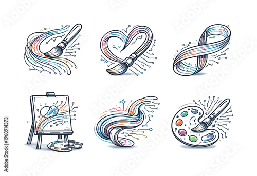 Line vector icons of a painting where human strokes and neural network strokes intertwine (merged stroke language): painterly