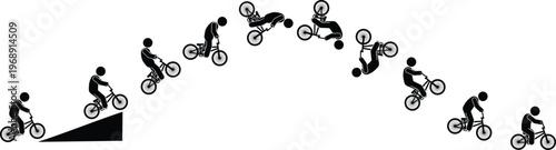 Stick figures showing a BMX rider completing an amazing backflip stunt.