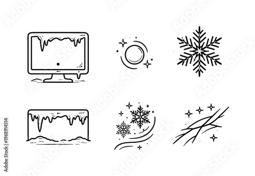Line vector icons of a screen frosting over from disuse (frozen inactivity): screen frame, dormant glow dot, snowflake shard, rim