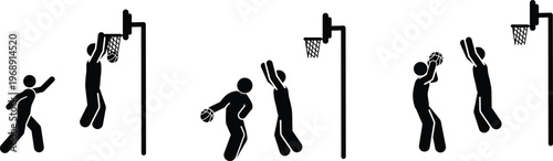 Pictograms depicting dynamic basketball actions such as shooting, dribbling, and powerful dunking.
