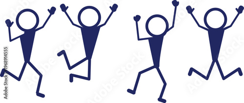 Collection of happy blue stick figures jumping and cheering with excitement.