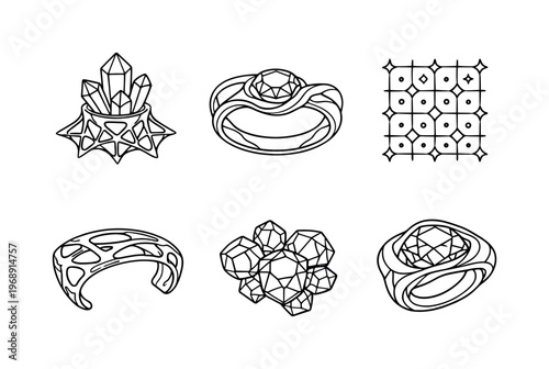 Line style icons of generative precious forms: evolved crystal node, adaptive ring shank, seeded sparkle grid, optimized metal