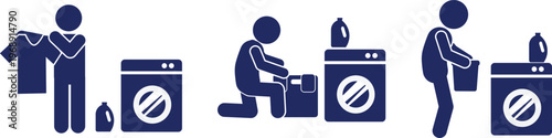 Simple graphic icons illustrating people performing various household laundry washing tasks