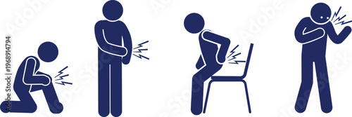 Stick figures depicting common body pains including knee, arm, back, and chest discomfort.