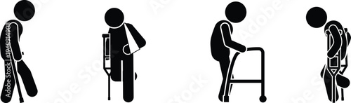 Pictograms illustrating people using various mobility aids for physical disability or recovery.