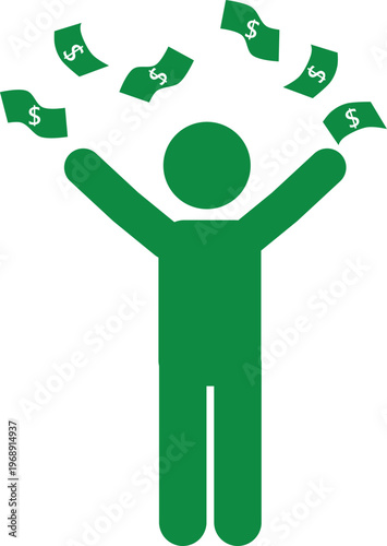 Green stick figure icon celebrating financial success with money raining down