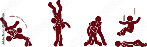 Various stick figures demonstrating actions of being lifted, thrown, or falling.