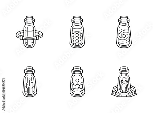Line style icons of nanotech enhancement flasks: transparent vial ring, nano-unit mesh, activation swirl, upgrade-channel line,