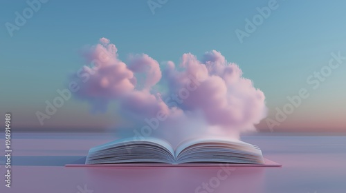 Surreal scene of an open white book floating as glowing clouds of ideas rise, symbolizing discovery and learning.