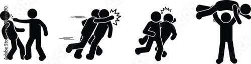 Different stick figure icons illustrating physical confrontation, fight, assault, and victory concepts.