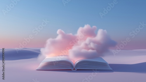 Surreal scene of an open white book floating as glowing clouds of ideas rise, symbolizing discovery and learning.