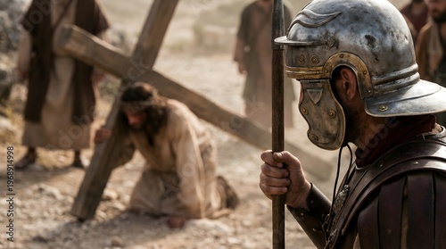 Roman Soldier Overseeing Jesus Christ Carrying the Heavy Cross on the Road to Calvary, a Scene of Biblical Suffering and Sacrifice