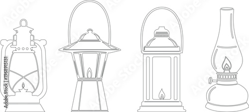Vintage lantern lamp icon set collection group, oil lamp, hurricane lantern, kerosene light, antique lighting vector in black flat and line style, classic illumination symbols pack