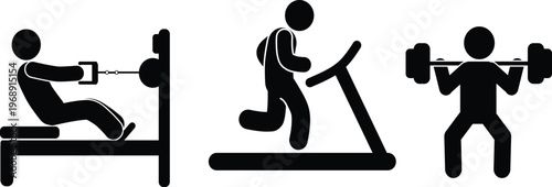 Various stick figure icons representing common gym exercises and fitness activities